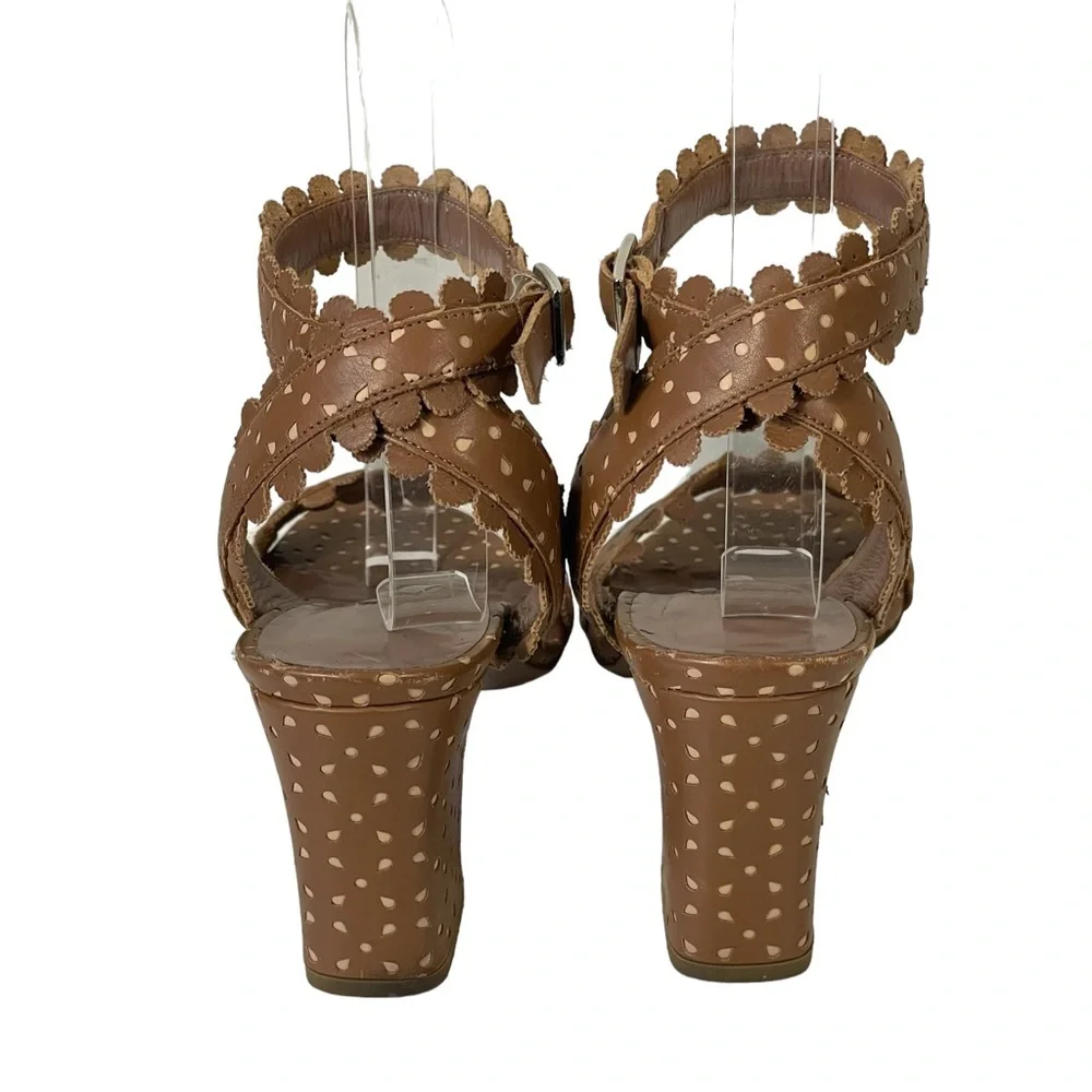 Tabitha Simmons Brown Leather Scalloped Ankle Strap Block Heel Sandal 36 US 5